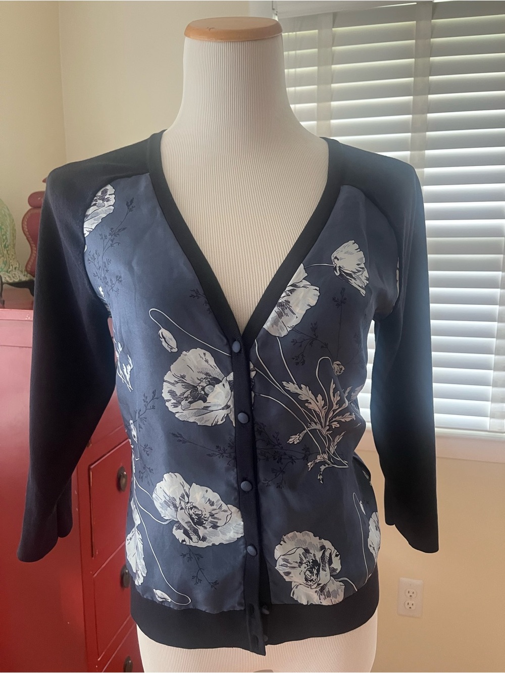 Navy Floral Button-Front V-Neck Cardigan